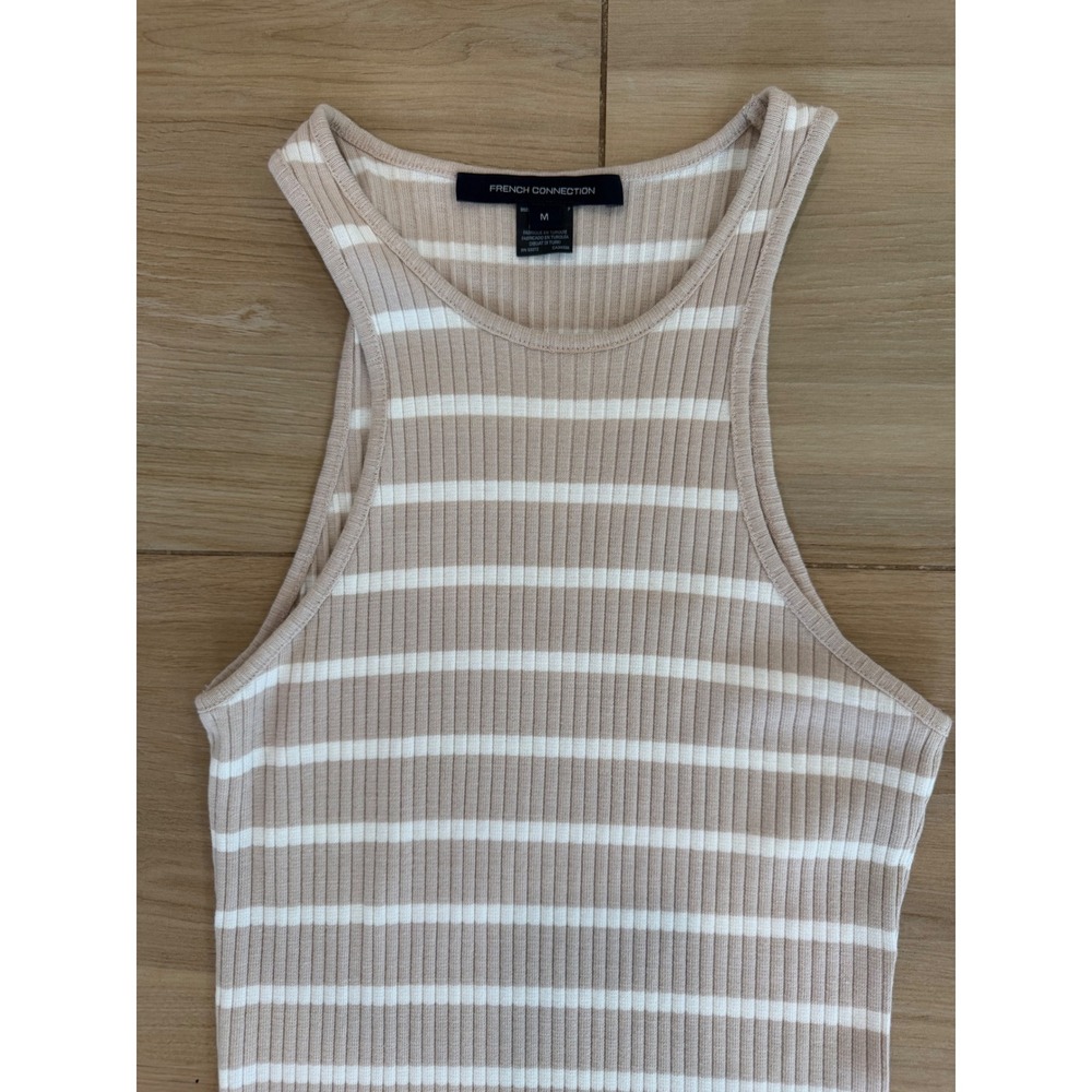 French Connection Tan White Striped Ribbed Knit Sleeveless Maxi Dress Slit M - Picture 2 of 5